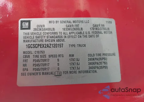 2010 Chevrolet Silverado 1500 Work Truck from USA, damaged, VIN 1GCSCPEX2AZ120197
